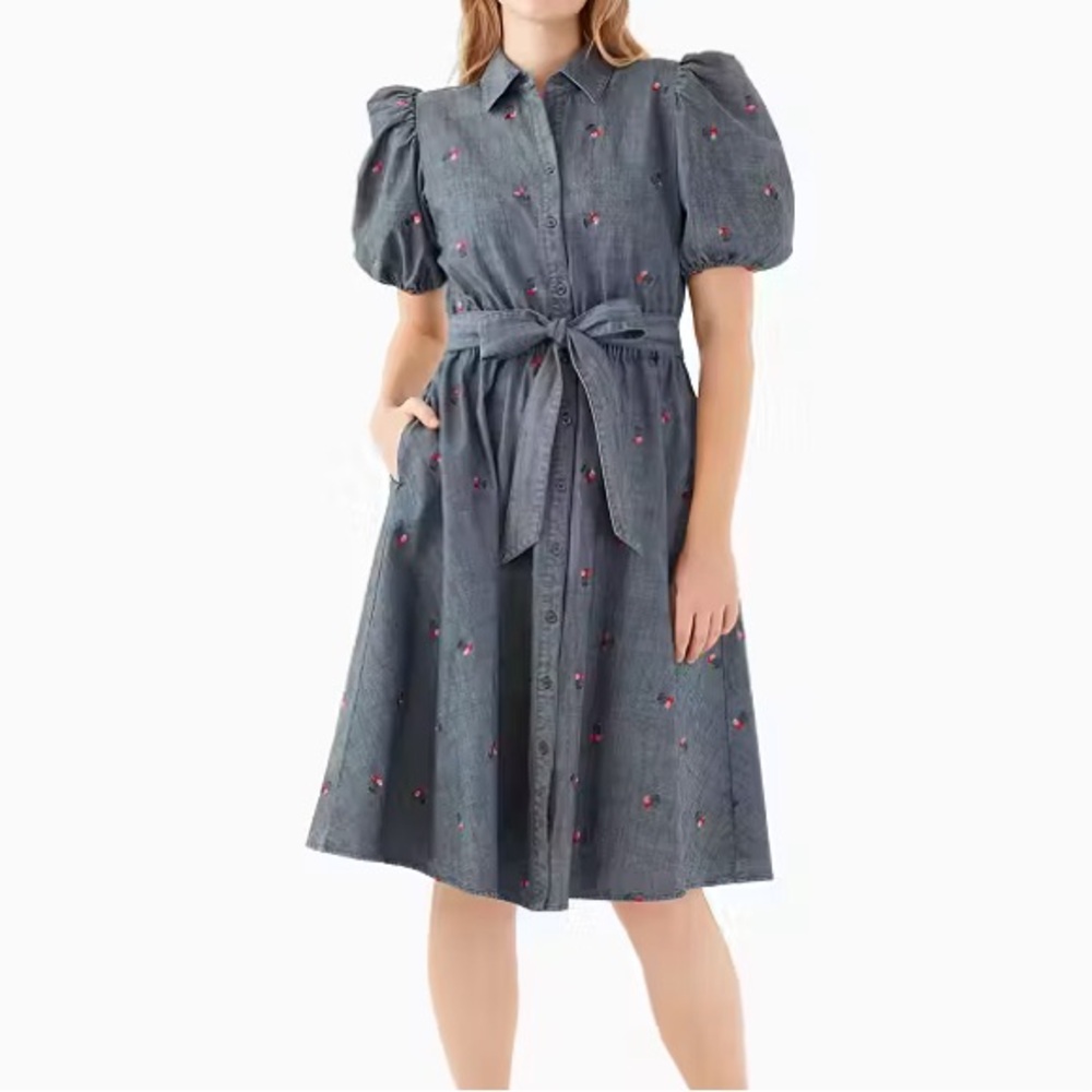 Kate Spade Embroidered Cherry Puff Sleeve Denim Shirtdress , 6